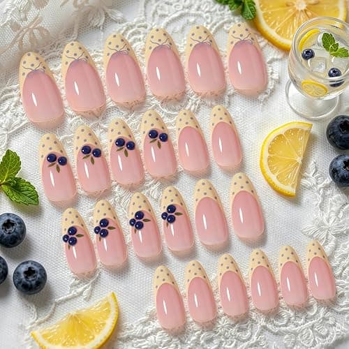 Slayoung Polka Dot Press on Nails Summer Fake Nails Medium Almond Nails Press ons with 3D Blueberry Designs Acrylic Reusable Yellow French Tips False Nails Full Cover Stick on Nails for Women 24 Pcs thumbnail 3