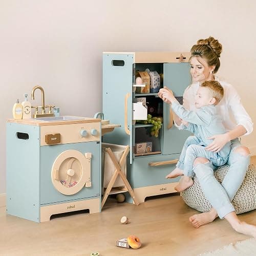 ROBUD Wooden Play Kitchen Set, Kids Toy Kitchen Set with Realistic Design, Utensils, Ice Maker, Fridge, Oven, Washer, Modern Style Play Kitchen with Accessories, Ideal Gift for Boys & Girls, Blue thumbnail 4