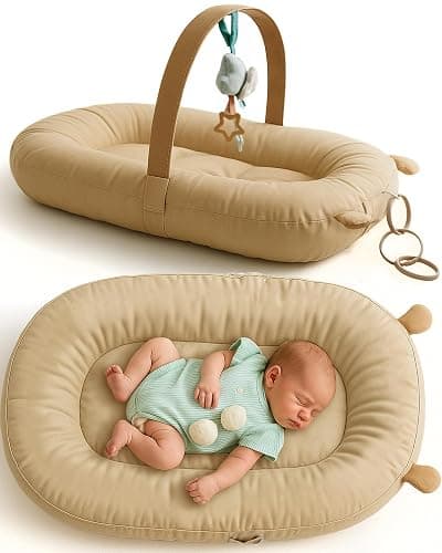 SplashEZ Baby Lounger Pillow for Newborn, Baby Nest & Infant Play Gym, 100% Organic Cotton, Breathable, Lightweight & Portable 3D Mesh Pillow for Awake Time Only (Toys NOT Included), Camel - Image 1