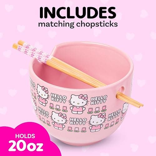 Silver Buffalo Sanrio Hello Kitty Flowers Pattern Ceramic Ramen Noodle Rice Bowl with Chopsticks, Microwave Safe, 20 Ounces thumbnail 4