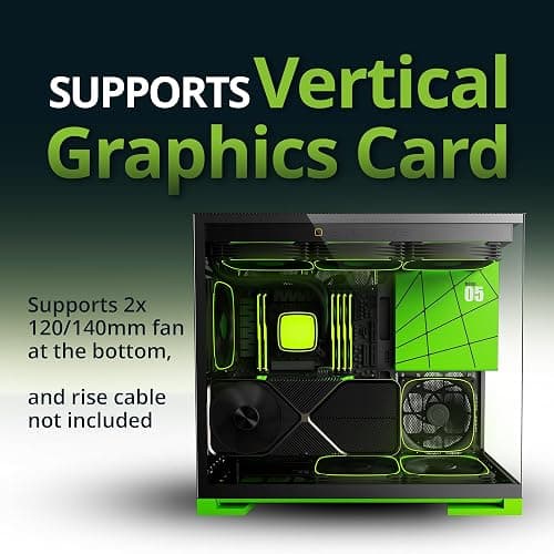 Geometric Future M5 Tempered Glass Mid Tower, E-ATX/ATX Gaming Case, 1.2mm Steel, Type C, Toolless Panels, Support 420/360 Radiator, ARGB PWM 140m Fan x 5 Pre-Installed, Black/Green, GEO-M5F-BNY thumbnail 9