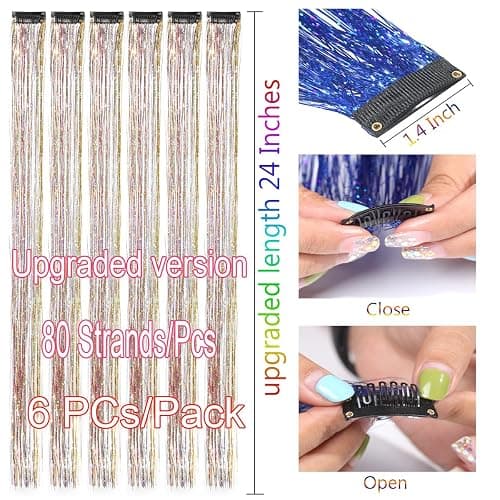 CelineBella Galaxy Hair Tinsel Clip In,Glitter Hair Strands for Girls Kids New Year Christmas Party Cosplay Festivals Gift (24 Inch Pack of 6Pcs, Galaxy) thumbnail 2
