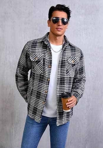 WINDFIT Men's Cotton Sherpa Lined Button Down Flannel Shirt Jacket Plaid Soft Outdoor Flannel Jacket Shirt thumbnail 2
