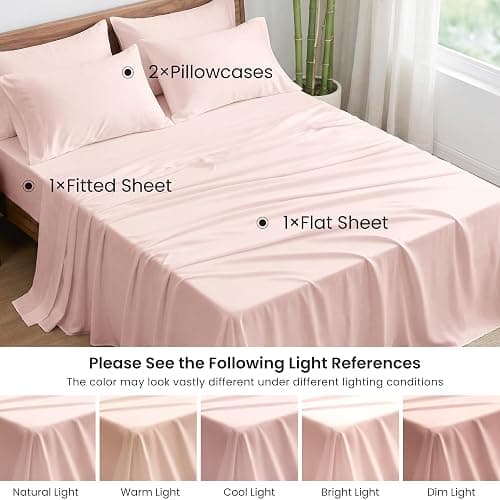 Love's cabin 4 Piece Queen Sheet Set, 100% Rayon Derived from Bamboo, Cooling & Breathable, Soft Silky Deep Pocket up to 16", Hotel Luxury Bedding for Hot Sleepers, Pink thumbnail 7