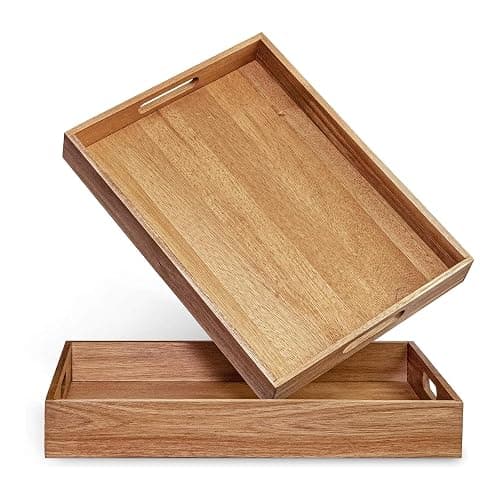 Acacia Wood Serving Tray with Handles Set of 2 – Decorative Serving Trays Platter for Breakfast in Bed, Lunch, Dinner, Patio, Ottoman, Coffee Table, BBQ, Party –Great for Lap &Couch - Image 1
