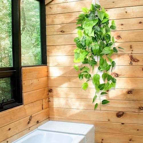 LOYWREE 35.4in Artificial Plants in Black Pot Realistic Fake Hanging Potted Greenery with Faux Ivy Vine & Pothos - Ideal for Shelf, Home, Office, Indoor & Outdoor Garden Decor thumbnail 5