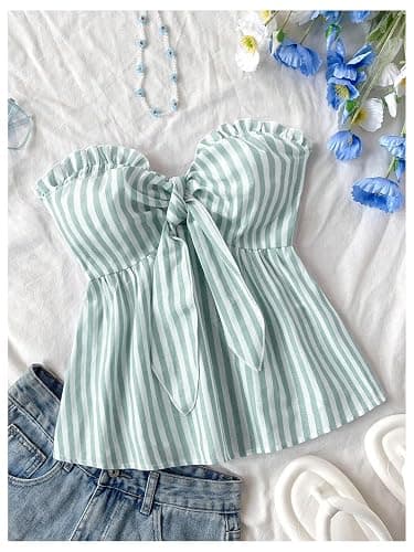 MakeMeChic Women's Striped Bandeau Shirt Bow Knot Frill Trim Ruffle Hem Shirred Summer Y2k Tube Top thumbnail 5