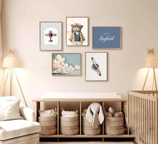 Vintage Baby Boy Nursery Wall Art Retro Airplane Travel Kids Room Canvas Wall Decor Teddy Bear Pictures Navy Blue Aviation Posters Cloudy Sky Painting Print Artwork for Boy Room Playroom, Unframed thumbnail 7
