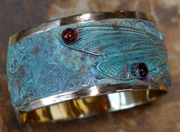 Verdigris Patina Solid Brass Decorative Dragonfly Cuff - Genuine Garnet thumbnail 3