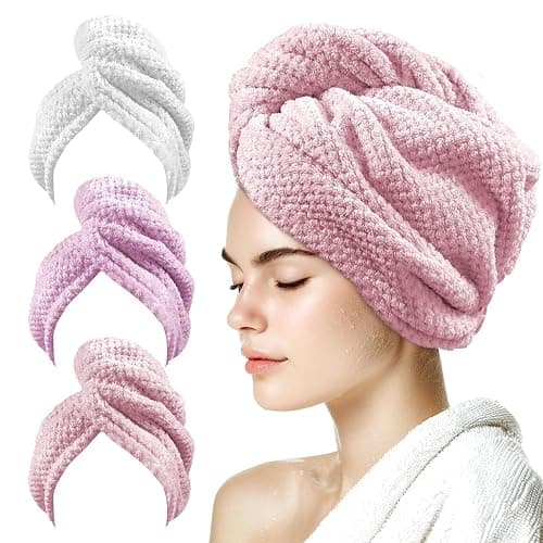 my novel things 3 Pack Microfiber Hair Towel Wrap for Curly Hair Women | 25.4" x 9.8" Super Absorbent Quick Dry with Button for Hair Anti Frizz, Gift for Women Girls (Pink,White,Purple) - Image 1