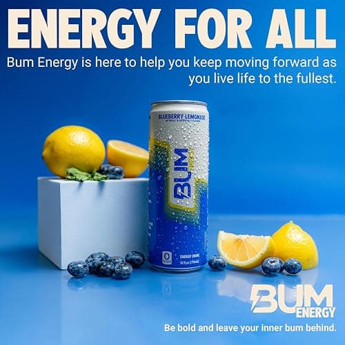 BUM Sugar-Free Energy Drink, Blueberry Lemonade - Lightly Carbonated & No Artificial Colors, Natural Caffeine & Citicoline for Energy & Focus, Brain Boost & Workout Sports Beverage - 12 oz, Pack of 12 thumbnail 8