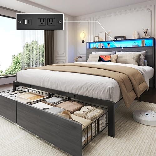 Lifezone Queen Bed Frame with 2-Tier Storage Headboard, Bedroom Metal Bed Frame with 2 Storage Drawers & Fast-Charging Station & LED, Noise-Free, No Box Spring Needed, Easy Assembly, Rustic Grey thumbnail 7