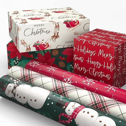 Hallmark Rustic Recyclable Christmas Wrapping Paper (6 Rolls: 180 Sq. Ft. Total) Red, White and Hunter Green Plaid, Poinsettias, Snowflakes, "Merry Christmas," Snowman, Santa thumbnail 4