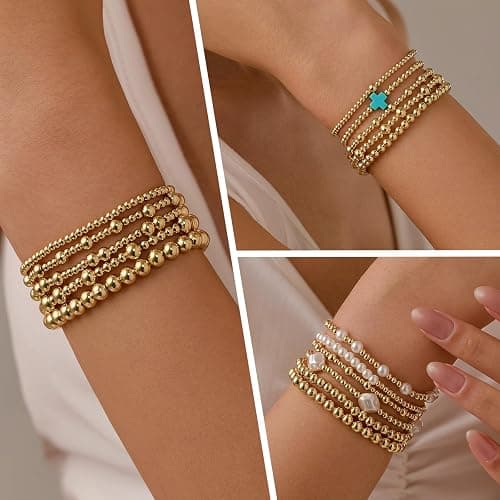 Miss Pink Gold Beaded Bracelets Set for Women Waterproof, 14k Gold-Plated Dainty Round Bead Cross Pearl Bracelet Beaded Non Tarnish Stretch Bracelet for Christmas Stockings Gifts Stackable Bracelet thumbnail 5