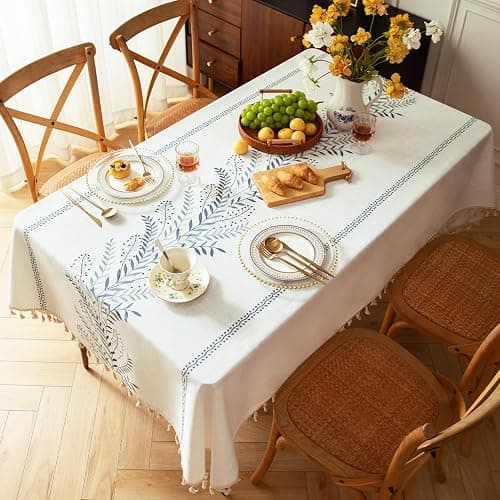 VOGOL Blue Leaf Embroidered Tablecloth, Linen Textured Rectangle Waterproof Wrinkle Free Table Cover for Family Dinner Table or Outdoor Gathering, 55 x 102 Inches thumbnail 2