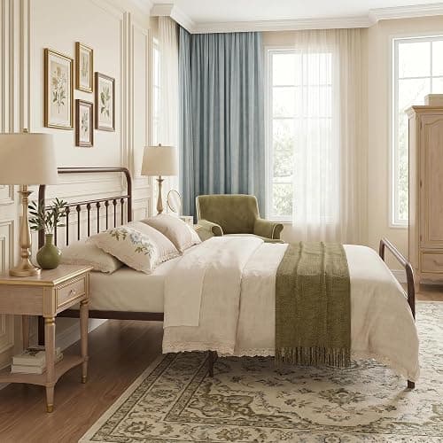 VECELO Queen Size Victorian Style Metal Bed Frame with Headboard Classic Metal Platform Bed Frame Mattress Foundation with Victorian Style Footboard/Under Bed Storage/No Box Spring Aple thumbnail 4