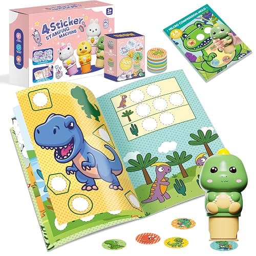 Fozcmisw Sticker Stempel, 24-Seitiges Aktivitätenblock mit 300 Aufkleber, Aufkleberstempel Kinder Fidget Bastelspielzeug,Reisespielzeug für Kleinkinder ab 3 4 5 6 Jahren-Dinosaurierpaket - Image 1