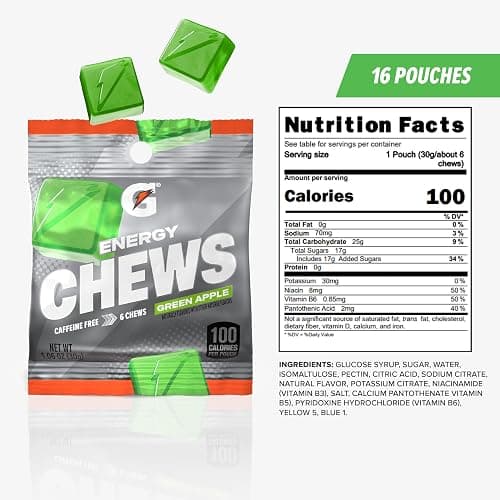 Gatorade Energy Chews, Green Apple, Caffeine Free, B12, 1.06 oz - 100 Calorie Pouches, (16 Pack) thumbnail 2