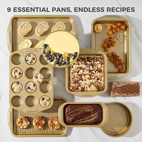 HONGBAKE 9-Piece Nonstick Bakeware Set, Wave Texture for Easy Release, 0.8mm Thick Non-Toxic Baking Pans Set, Includes Stackable Cookie Sheets, Antique Gold thumbnail 8