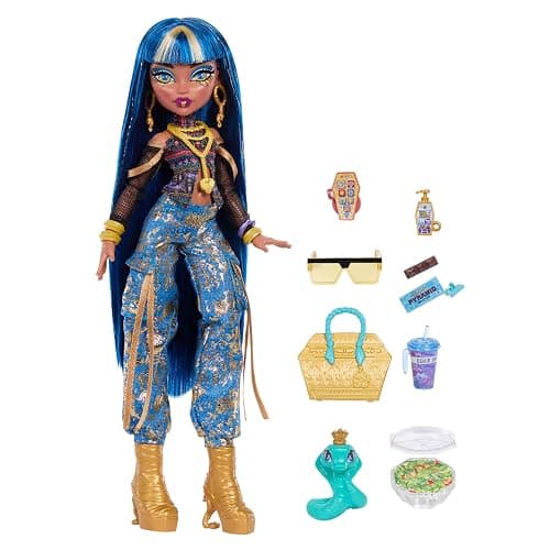 Monster High Doll, Cleo De Nile in Crop Top and Golden Denim Cargo Pants with Pet Snake Hissette and 7 Accessories Like Salad, Smoothie and Purse thumbnail 3