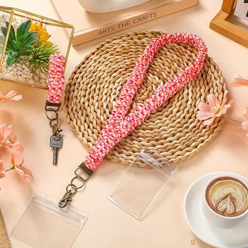 Marspark 2 Set Scrunchie Lanyards with 4 Card Holders for ID Badges and Keys Cute Stretchy Scrunchie Neck and Wrist Lanyards for Teacher Women Nurses School Office Supplies(Bright, Checked) thumbnail 2