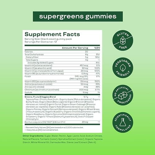Bloom Super Greens Gummies, Daily Greens Superfood Fiber Gummies with Fruits, Vegetables, Vitamins & Minerals for Digestive & Gut Health, Bloating Support, Strawberry Kiwi, 12 Servings (48 Total) thumbnail 4