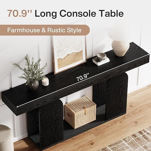 Tribesigns 70.9-Inch Extra Long Sofa Table, Farmhouse Console Tables with Wood Frame and Storage Shelf, 2-Tier Wood Table Behind Couch for Living Room, Hallway, Foyer, Black thumbnail 5
