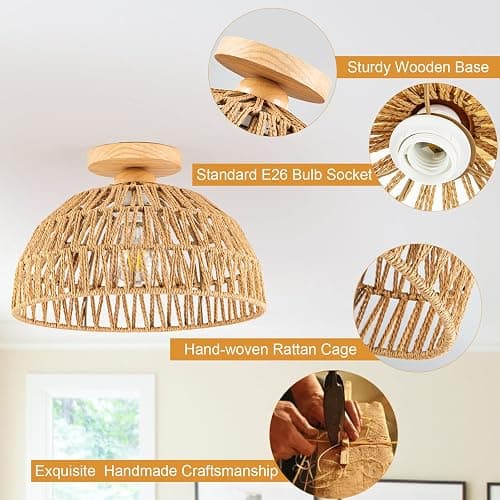 OCWHT Boho Rattan Ceiling Light Fixtures Boho Lamp Shade Flush Mount Ceiling Light Hand-Woven Small Chandelier Wooden Base Chandelier Light for Hallway Bedroom Kitchen Nursery - Brown thumbnail 5