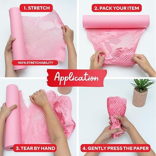 Pink Honeycomb Packing Paper for Moving 15-Inch x 118-Feet Bubble Honeycomb Wrap, Honeycomb Wrapping Paper for Packing Cushion with 30 Fragile Stickers Packing Supplies by Xfasten thumbnail 4