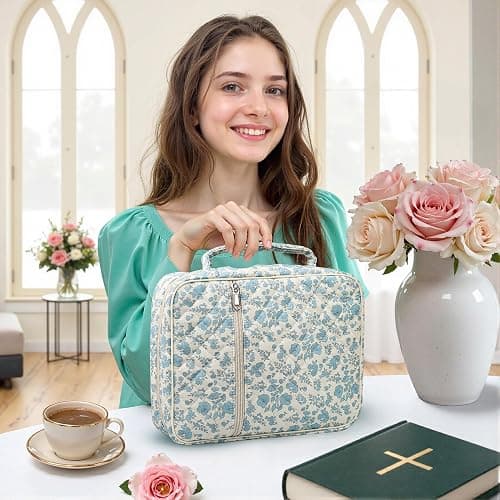 WOBAGMEN Bible Cover Case for Women,Large Bible Tote Bags Organizer Quilted Carrying Case for Girls,Bible Study Supplies Accessories Christian Gifts for Women (Blue Floral, L) thumbnail 5