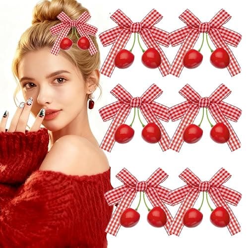 6pcs Cherry Bow Hair Clip Cute Rhinestone Alligator Clips Metal Alligator Clips Bow Nonslip Velvet Decor Lovely Hair Barrette for Women Girls Christmas Hair Decoration (Pink white) - Image 1