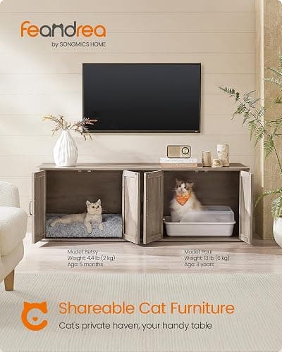 Feandrea Double Cat Litter Box Enclosure, Modern Litter Box Furniture Hidden for 2 Cats, Front Entry, Cat House, Side End Table, TV Stand, 59 x 19 x 19.5 Inches, Heather Griege UPCL010G01 thumbnail 2