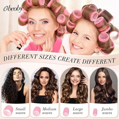 obeoby 4 Sizes Self-Grip Hair Rollers Curlers Set for Women, Pink | No-heat Set with Clips Comb (25, 36, 48, 60mm) Plastic Jumbo Large Small for Long Short Curly Bangs Styling Accessories Gifts thumbnail 3