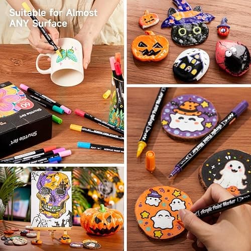 Shuttle Art 60 Colors Dual Tip Acrylic Paint Markers, Brush Tip and Fine Tip Acrylic Paint Pens for Rock Painting, Ceramic, Wood, Canvas, Plastic, Glass, Stone, Calligraphy, Card Making, DIY Crafts thumbnail 6
