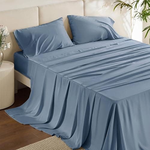 Bedsure PureWoven 100% Rayon Derived from Bamboo, Full Size Sheets, 4 PCS | Cooling Sheets for Hot Sleepers, Breathable & Silky Soft, 16" Deep Pocket, Hotel Luxury Bedding, Dusty Blue - Image 1