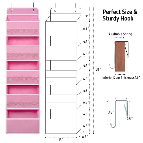 TYMENSH Over Door Organizer with 5 Large Pockets, Heavy Duty Hanging Organizer Storage, Closet Bathroom Nursery Bedroom Dorm, Toys Cosmetics Sundries and Baby Essentials, Pink thumbnail 2