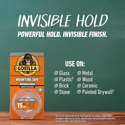 GORILLA Invisible Hold Mounting Tape, Clear, 1" x 150", 1-Pack | Holds up to 15 lbs, Clear Double-Sided Tape for Strong, Permanent Bond, Discreet Adhesive for Classroom and Study Space Setup thumbnail 3