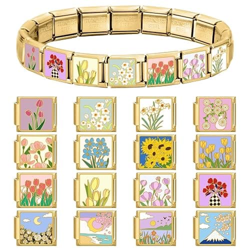 papasgix Italian Charm Bracelet Charms Gold Set Links Bulk with Opening Tool 9mm Italian Charms Flowers Italian Modular Bracelet Links Handmade DIY Jewelry thumbnail 2