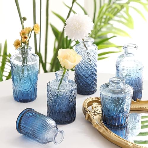 Fixwal Set of 18 Blue Bud Vases for Flowers, Vintage Clear Glass Vases Small Vases for Centerpieces for Home Table Decor Rustic Wedding Decorations thumbnail 7