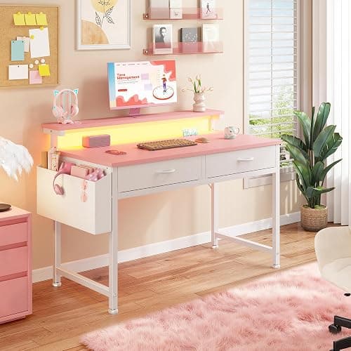 DurayLoly 31Inch Small Computer Desk with LED Lights & 2 Fabric Drawers, Gaming Desk with Side Pocket & Ergonomic Monitor Stand, Small Space Study Writing Table with Anti-Tip Design,Pink thumbnail 8