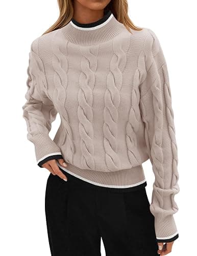 ZESICA Women's Casual Long Sleeve Mock Neck Cable Knit Contrast Color Fall 2025 Winter Chunky Pullover Sweater - Image 1