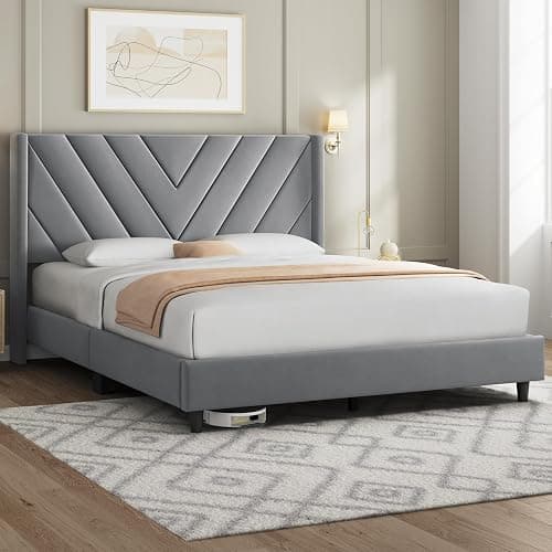 Yaheetech Queen Bed Frame Upholstered Platform Bed with Wing Side/Wooden Slat Support/Tufted Headboard with Wing Side/Mattress Foundation/No Box Spring Needed,Light Grey Queen Bed - Light Grey - Queen thumbnail 3
