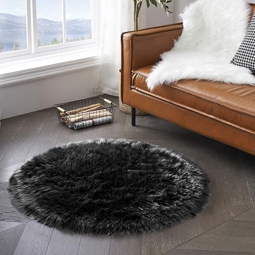 Latepis Black Round Rug 3ft Small Circle Rugs for Bedroom Faux Fur Fluffy Sheepskin Rug Furry Rugs for Living Room Home Décor thumbnail 7