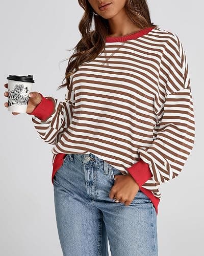 BTFBM Womens Oversized Striped Sweatshirt 2026 Spring Crewneck Long Sleeve Pullover Top Casual Y2K Clothes Workout Shirt thumbnail 7