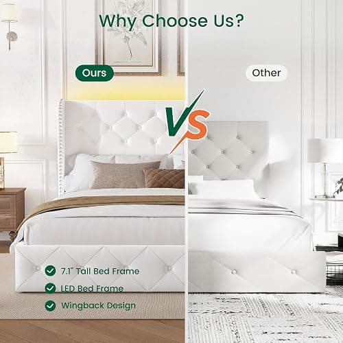 LARMACE Queen Size Bed Frame with LED Lights and 4 Storage Drawers Velvet Upholstered Platform Bed Frame with Tufted Headboard Wingback, No Box Spring Needed, Easy to Assemble, White thumbnail 6