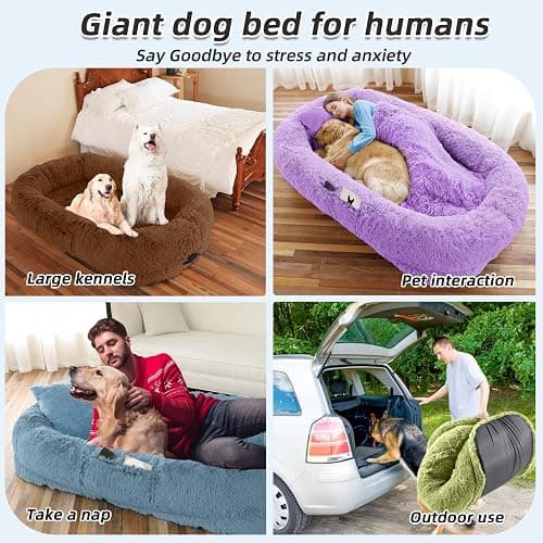Human Dog Bed, 71''x45''x12'' Size Fits You and Pets, Washable Faux Fur Pet Bed for People Doze Off, Napping Orthopedic Dog Bed, Present Plump Pillow, Blanket, Strap - Black thumbnail 6