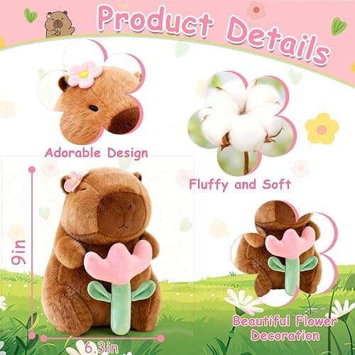 redaica Flower Capybara Plush,Cute Capibara Plushies Toy,Kawaii Soft Stuffed Animal Capybara,Stuffed Toys Gifts for Christmas Birthday Party Girls Kids Adults (9in) thumbnail 5