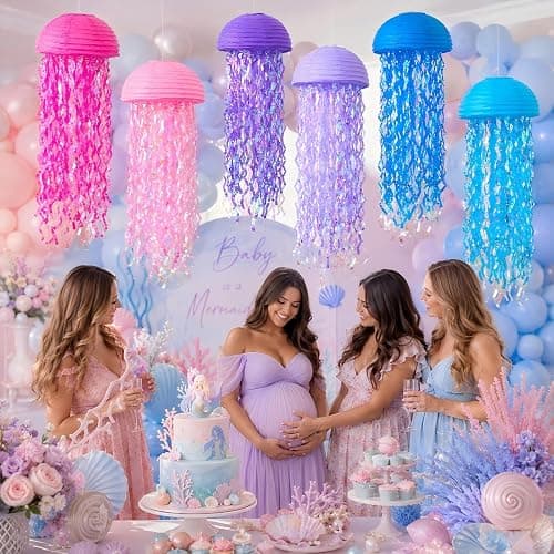ADLKGG 6-Pack Jellyfish Paper Lanterns, Pink Purple Blue Under The Sea Party Decorations, Mermaid Birthday Decorations for Girls, Hanging Ocean Themed Pool & Beach Party Decor, Classroom Decor thumbnail 3