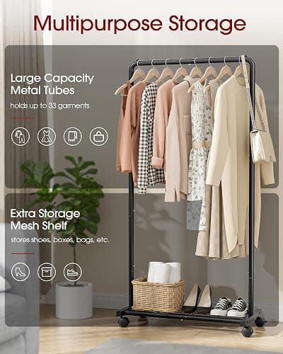 Sakugi Clothes Rack - Clothing Rack with Storage Mesh Shelf & Casters, Heavy-Duty Metal Clothing Rack for Hanging Clothes, Dresses, Coats, Large Load Capacity, Easy Assembly, Black, 28.0"x16.9"x59.0" thumbnail 6