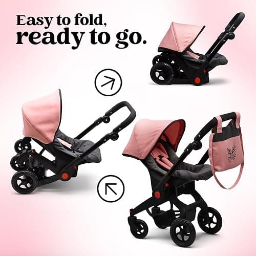 Baby Doll Convertible Travel Stroller for Girls Toddler Play Toy Car Seat Two in One Foldable Carriage for Kids with Diaper Bag Pretend Play Stroller for Doll thumbnail 5